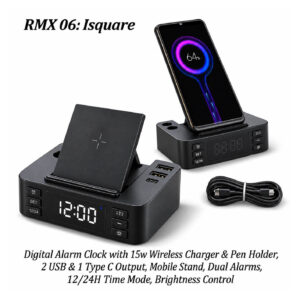 RMX 06: Isquare, Digital Alarm Clock with 15w Wireless Charger, Pen Holder,2 USB 7 1 Type C Output, Mobile Stand