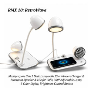 RMX 10: RetroWave, Multipurpose 3 in 1 Desk Lamp, 15w Wireless Charger & Bluetooth Speaker & Mic for Calls