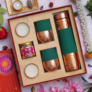 Diwali Gift Set - Copper Bottle and Glass set with Dry Fruit and Diyas